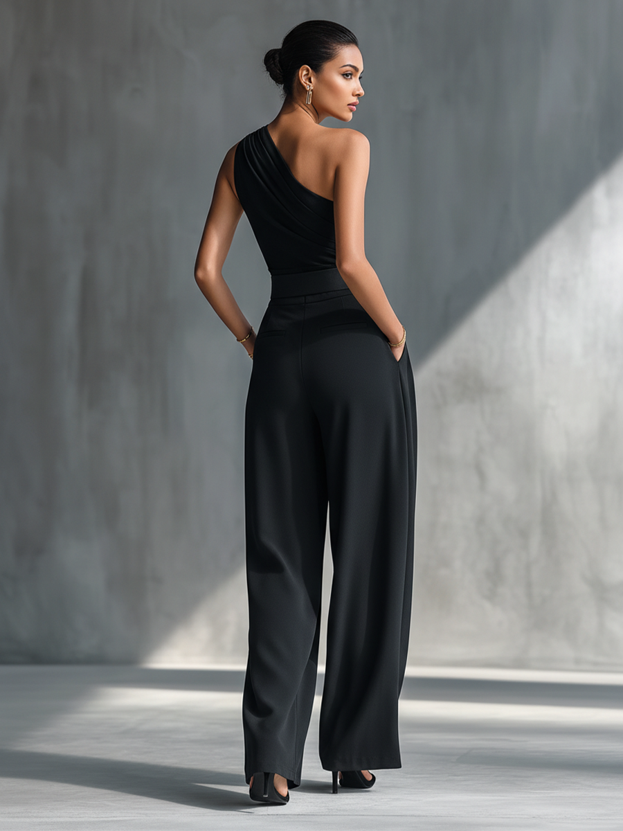 Georgina - Conjunto de Top de Punto Elástico y Pantalón Ancho de Acetato en Negro