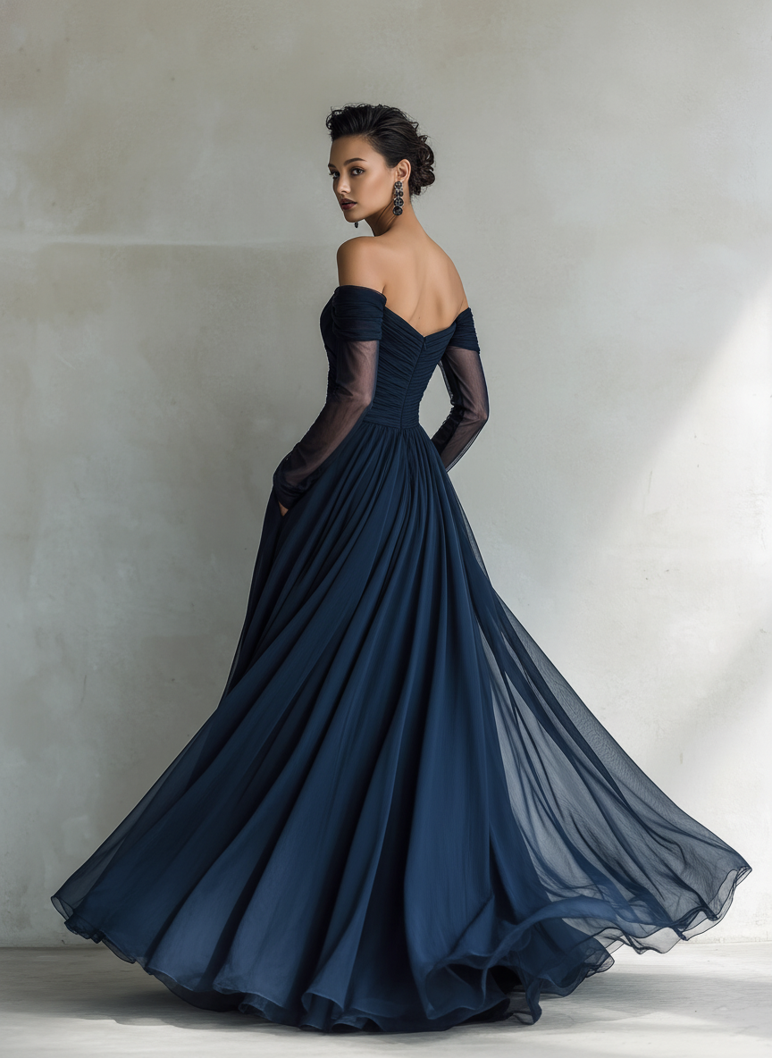 Reyna - Vestido Maxi Entallado de Gasa Off-Shoulder con Manga Larga en Azul Oscuro