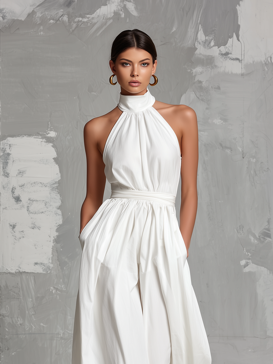 Deria - Mono Elegante sin Mangas con Cuello Halter de Tejido Vaporoso
