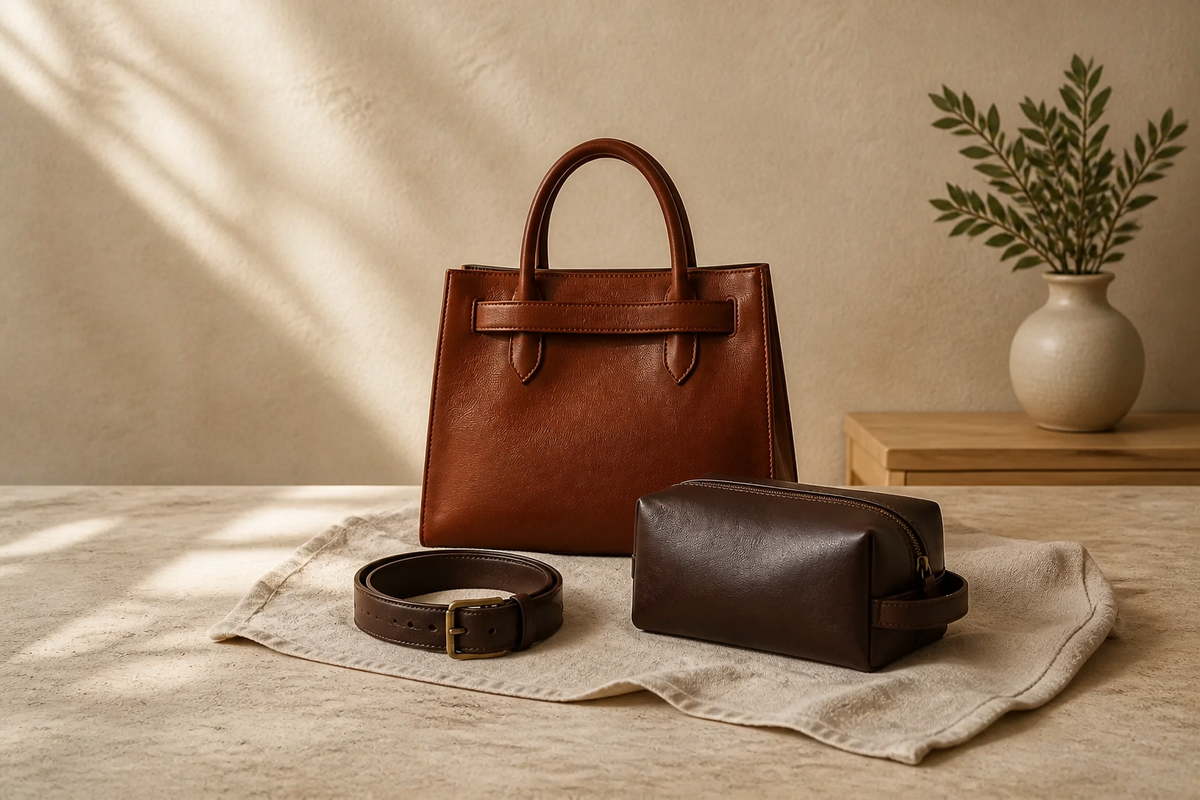 Complementos de mujer — bolso, cinturón y neceser de piel