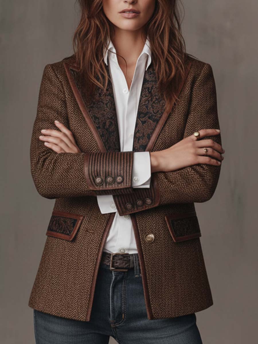 Francisca - Blazer de Espiga con Detalles Estampados a Contraste