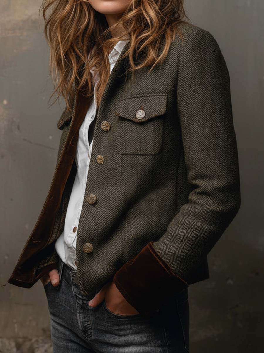 Edelia - Blazer Vintage de Espiga con Ribetes a Contraste