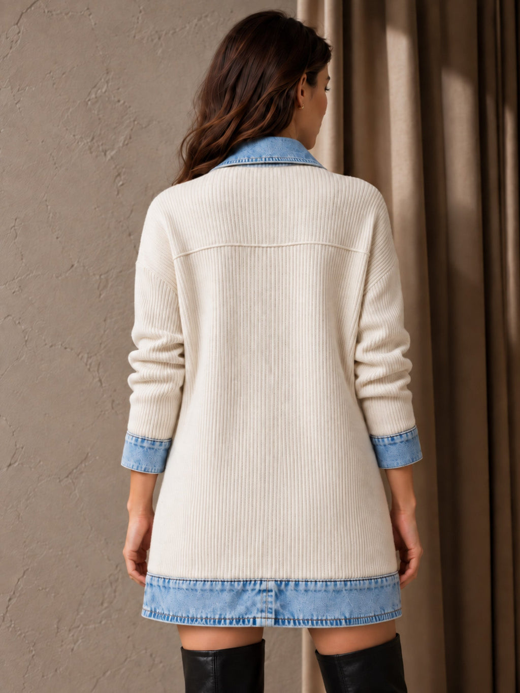 Celia - Chaqueta Larga de Punto con Detalles Vaqueros