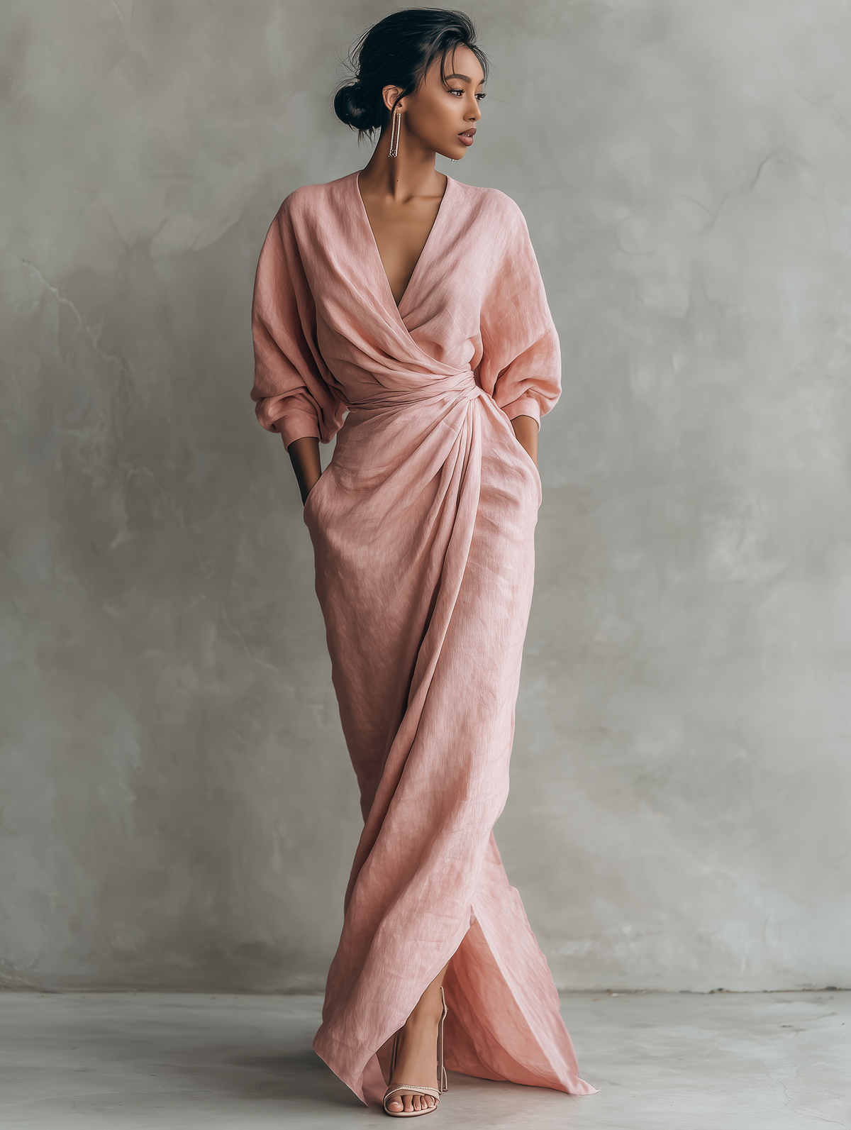 Alma - Vestido Maxi Minimalista de Mezcla de Lino con Escote en V
