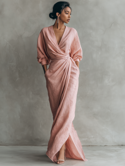 Alma - Vestido Maxi Minimalista de Mezcla de Lino con Escote en V