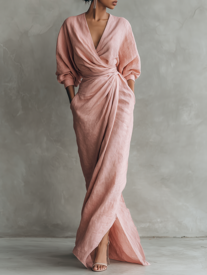 Alma - Vestido Maxi Minimalista de Mezcla de Lino con Escote en V