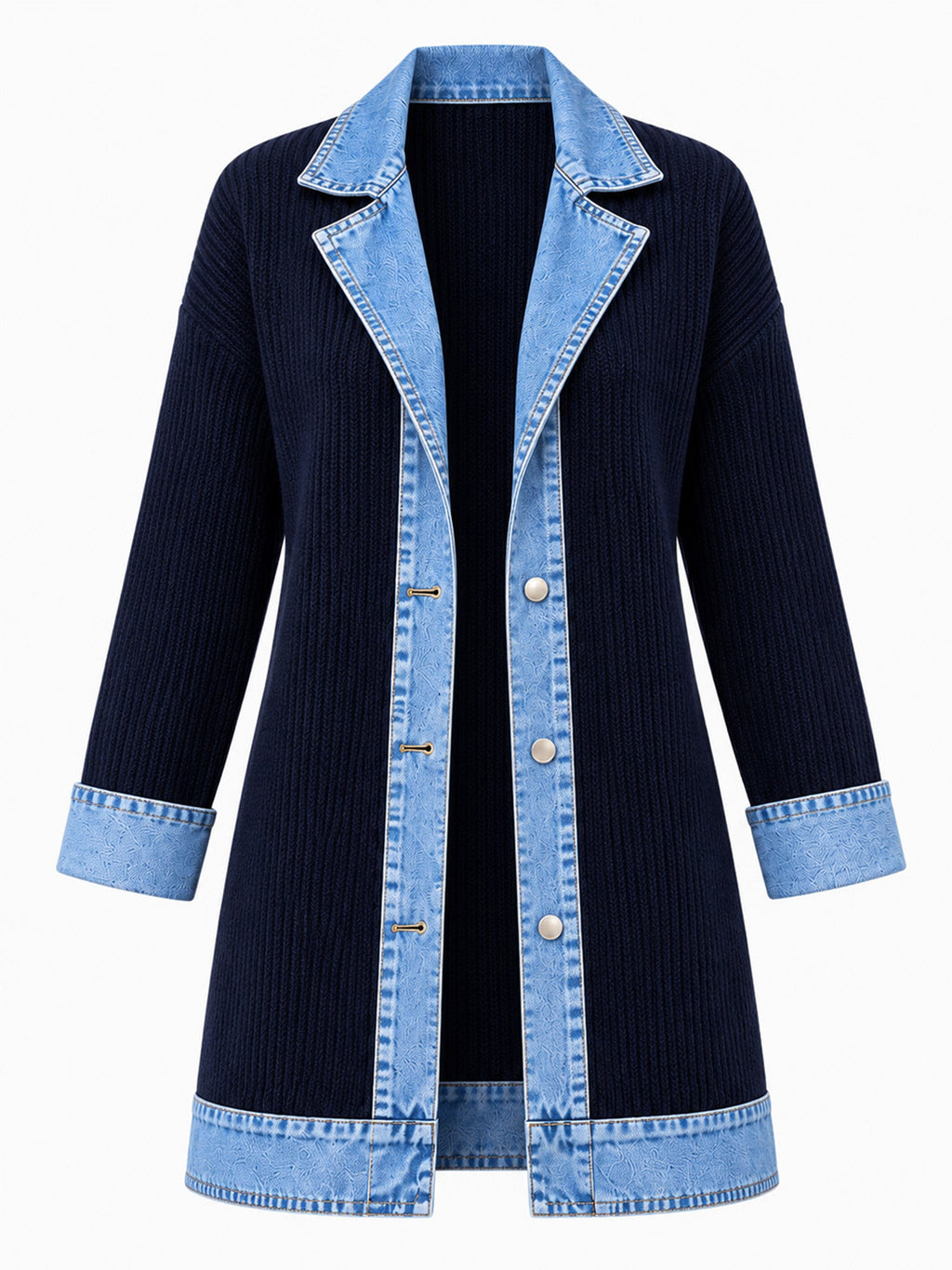 Celia - Chaqueta Larga de Punto con Detalles Vaqueros