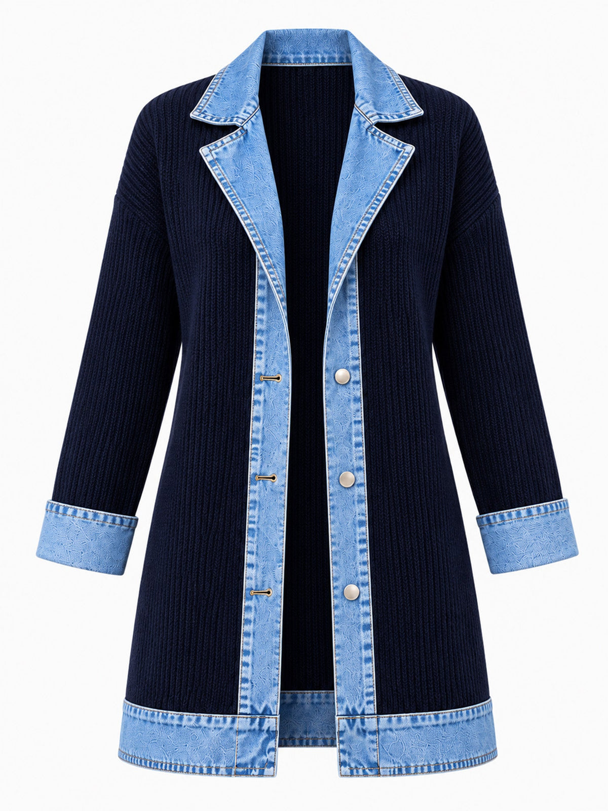Celia - Chaqueta Larga de Punto con Detalles Vaqueros