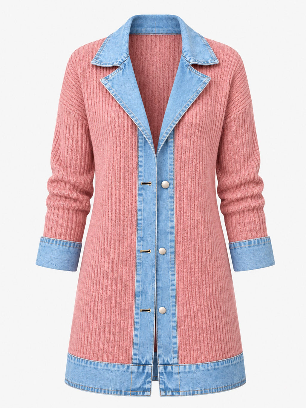 Celia - Chaqueta Larga de Punto con Detalles Vaqueros