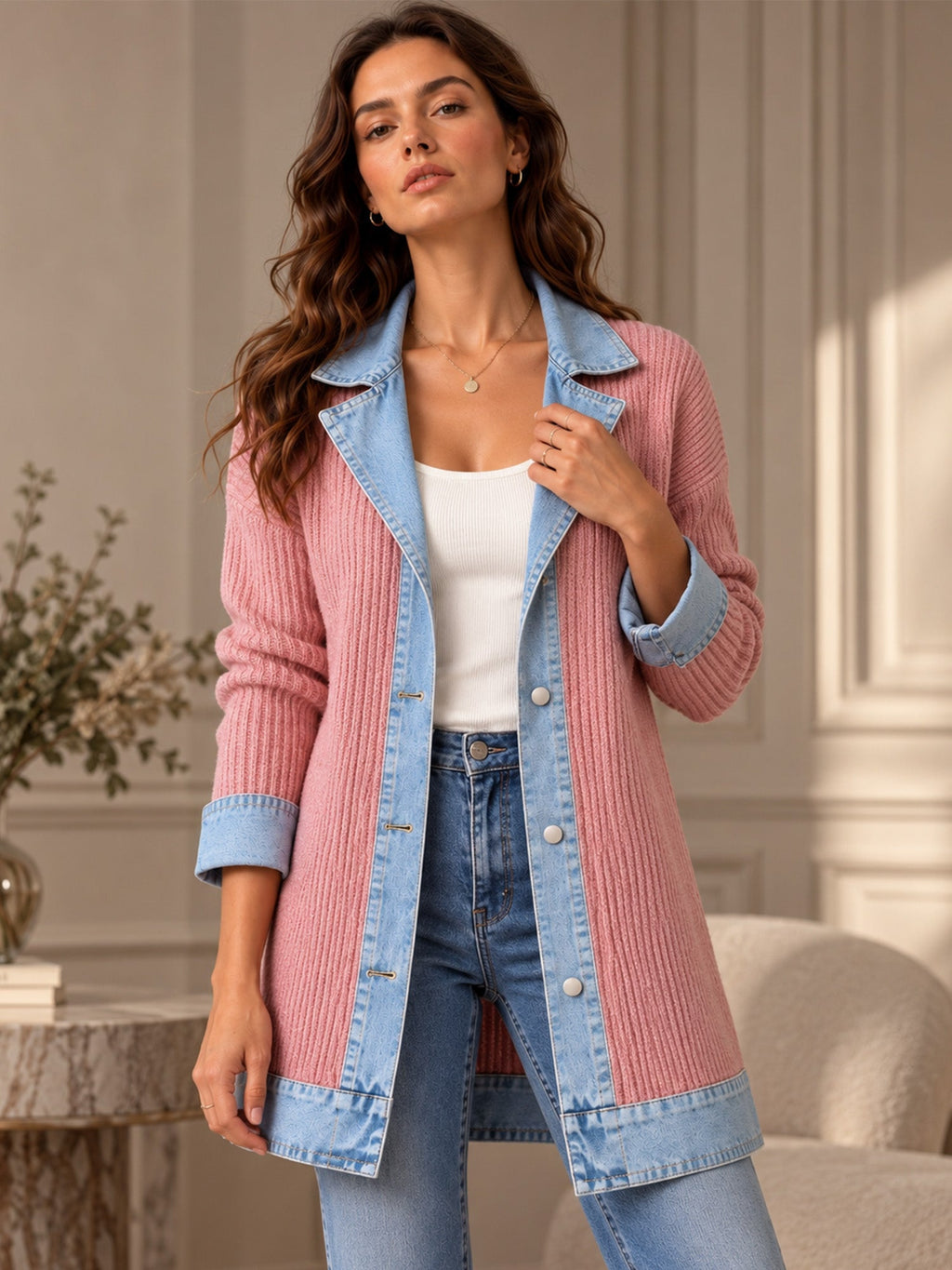 Celia - Chaqueta Larga de Punto con Detalles Vaqueros