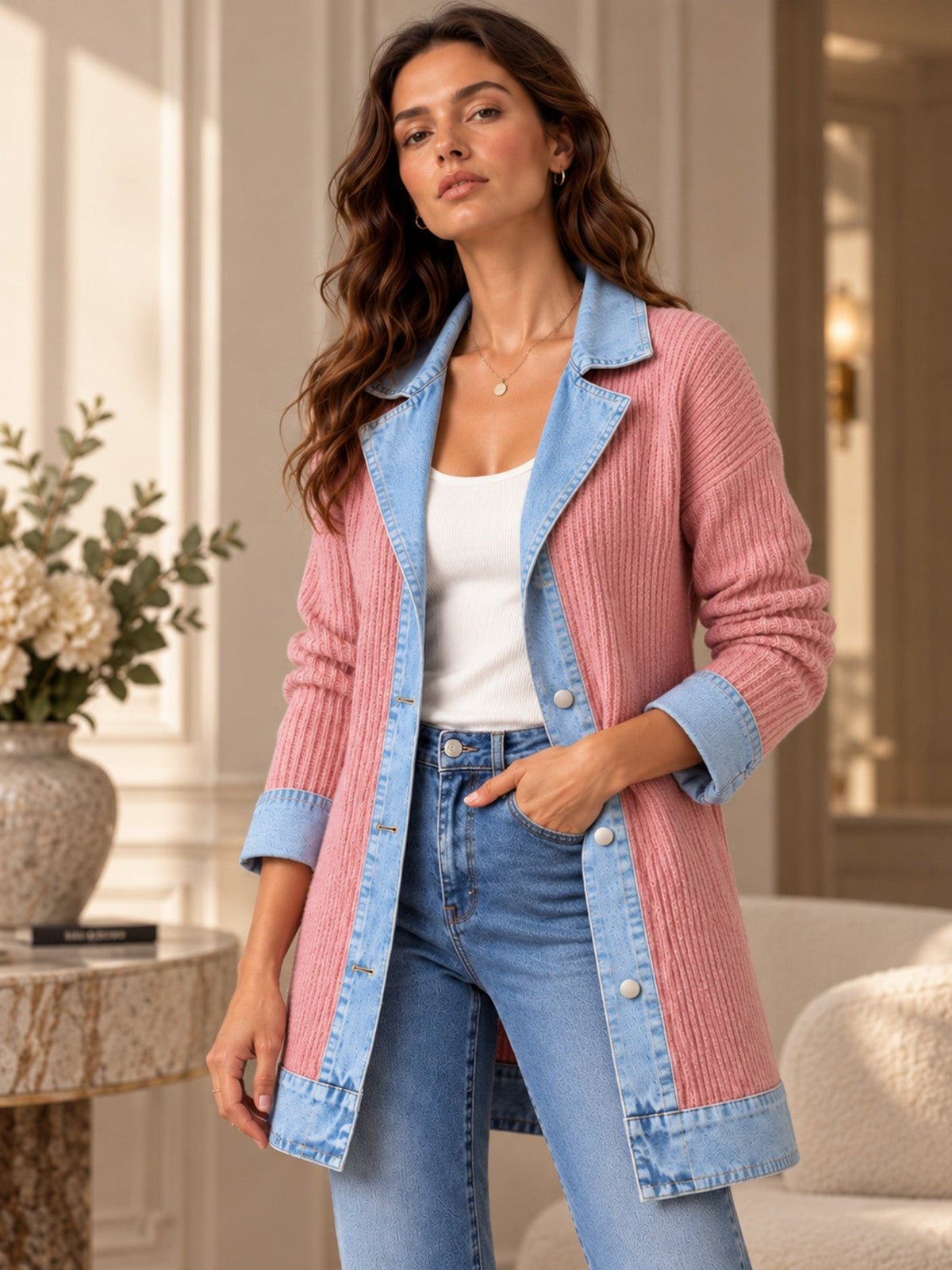 Celia - Chaqueta Larga de Punto con Detalles Vaqueros