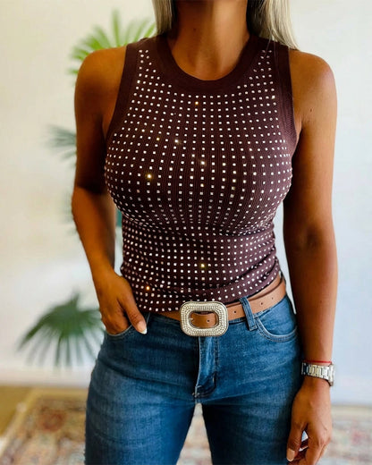 Julia - Top de Punto Acanalado con Decoración de Pedrería y Cuello Redondo