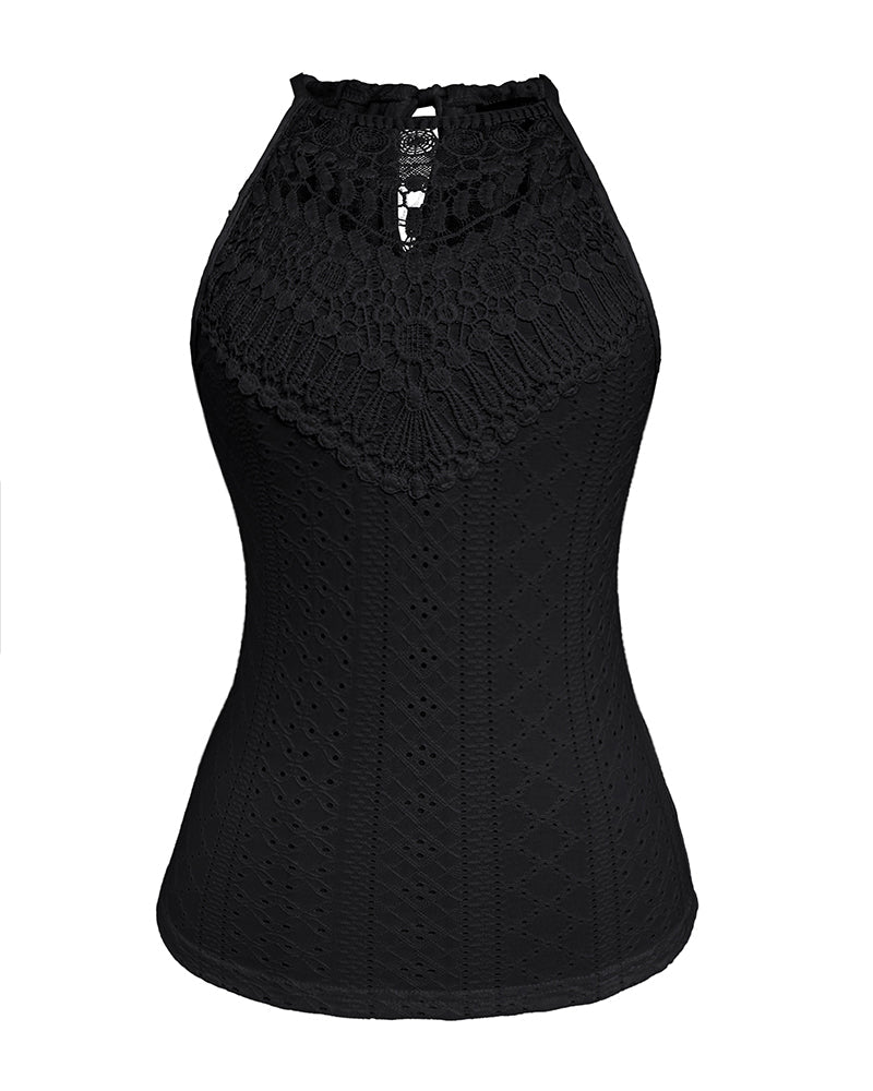Raquel - Top de Jacquard con Escote Halter y Detalle de Encaje