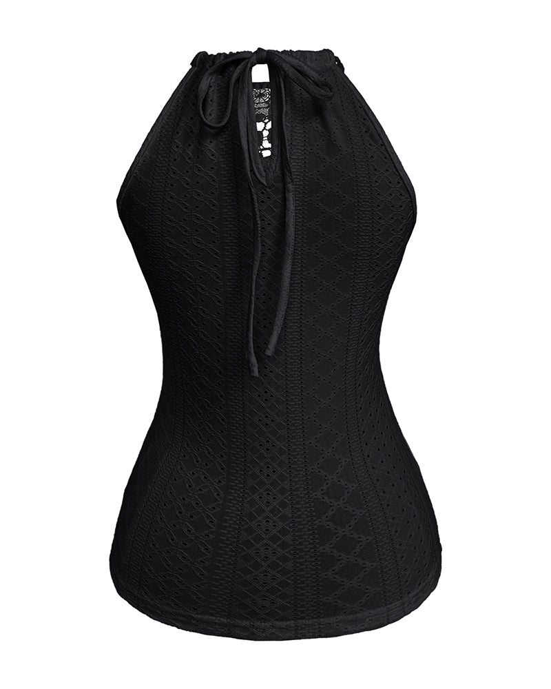 Raquel - Top de Jacquard con Escote Halter y Detalle de Encaje