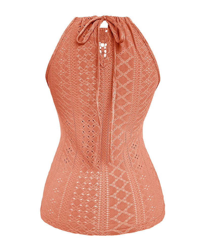 Raquel - Top de Jacquard con Escote Halter y Detalle de Encaje