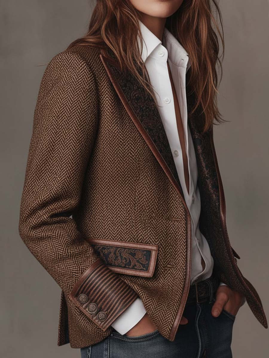 Francisca - Blazer de Espiga con Detalles Estampados a Contraste