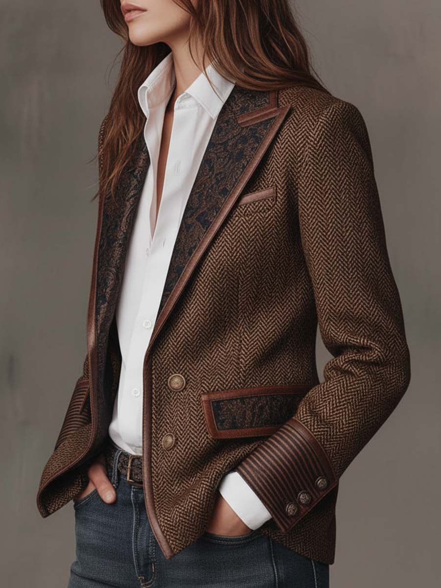 Francisca - Blazer de Espiga con Detalles Estampados a Contraste