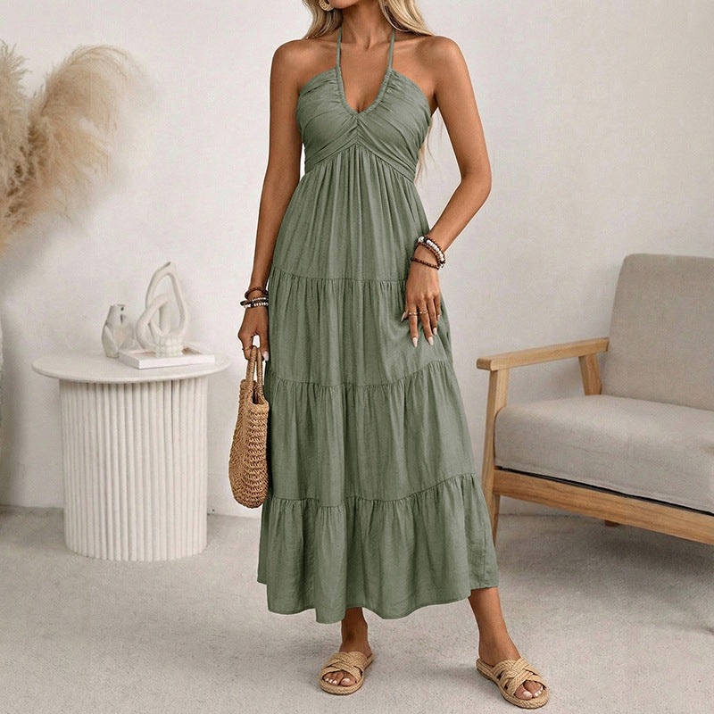 Lola -  Vestido largo con volantes, espalda descubierta y cuello halter