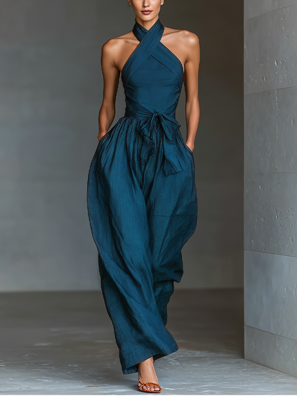 Mia - Mono de Lino Azul Marino con Cuello Halter Cruzado, Pierna Ancha y Nudo en la Cintura