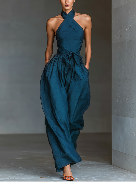 Mia - Mono de Lino Azul Marino con Cuello Halter Cruzado, Pierna Ancha y Nudo en la Cintura