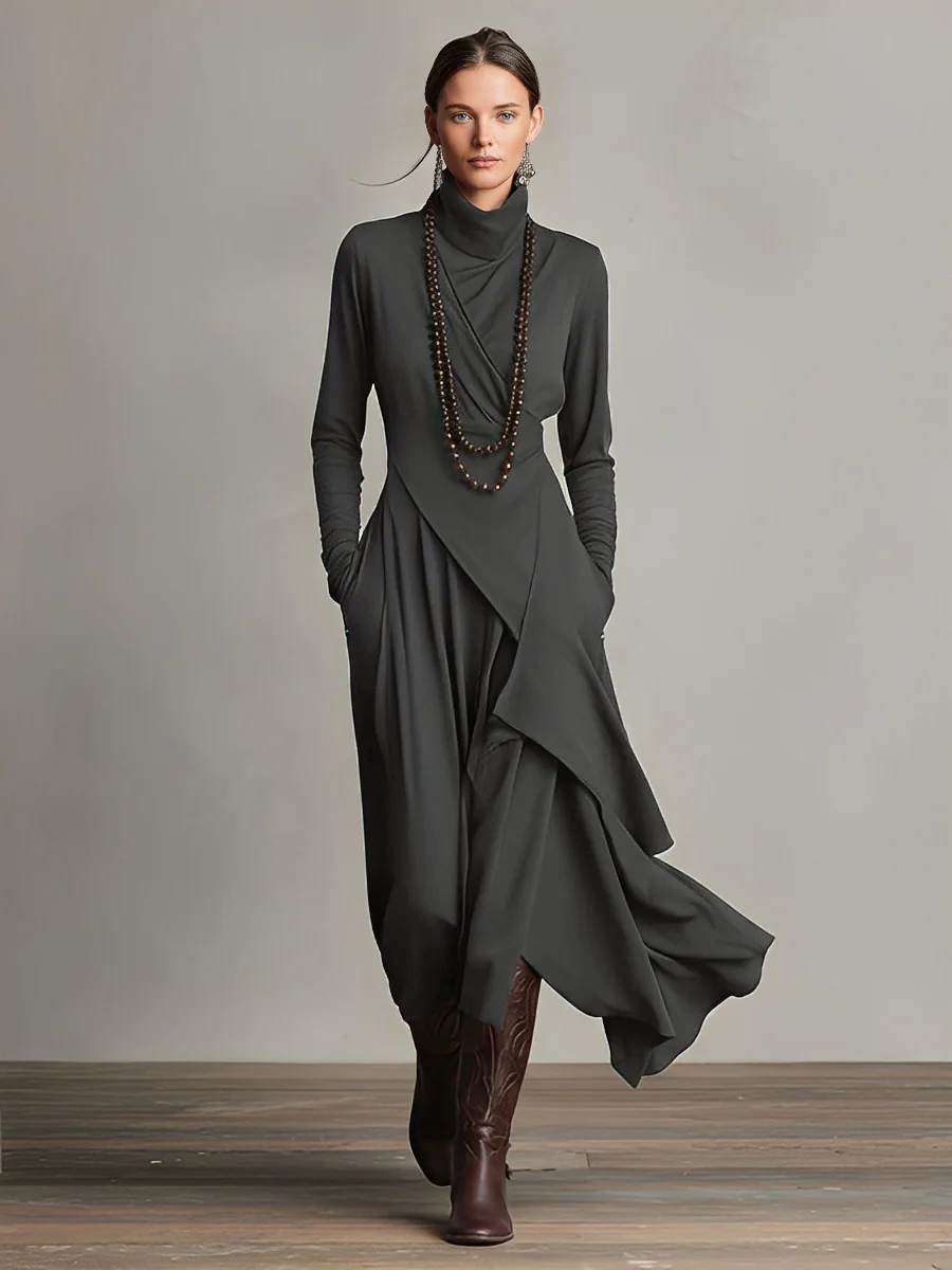 Antonella - Vestido Maxi Bohémio de Cuello Alto con Drapeado Asimétrico