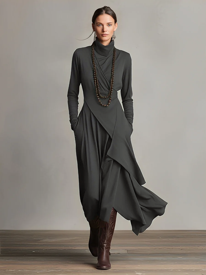 Antonella - Vestido Maxi Bohémio de Cuello Alto con Drapeado Asimétrico