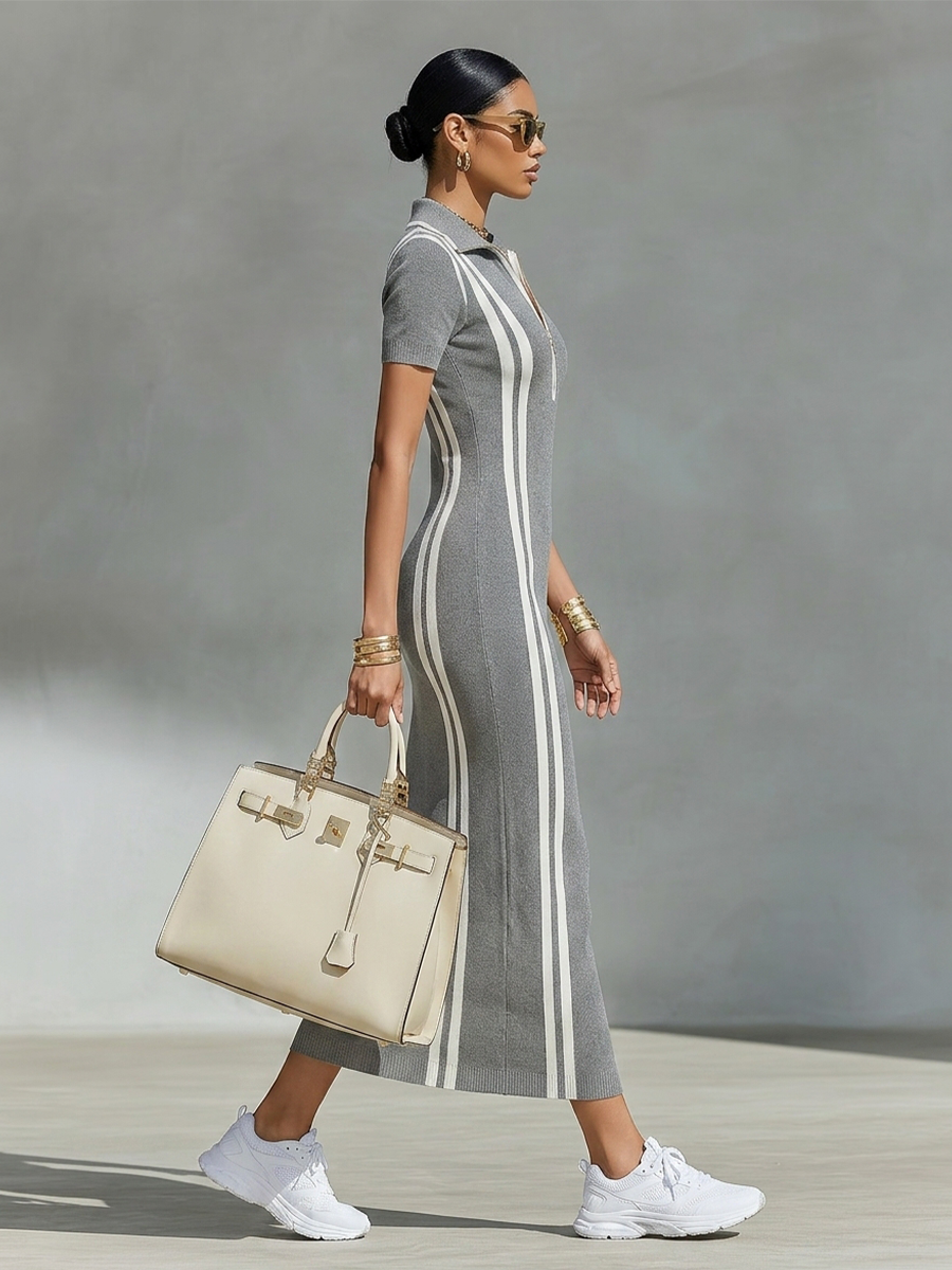 Leyla - Vestido Maxi de Punto Elástico con Cuello Polo con Cremallera y Rayas Laterales