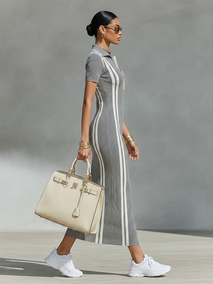 Leyla - Vestido Maxi de Punto Elástico con Cuello Polo con Cremallera y Rayas Laterales
