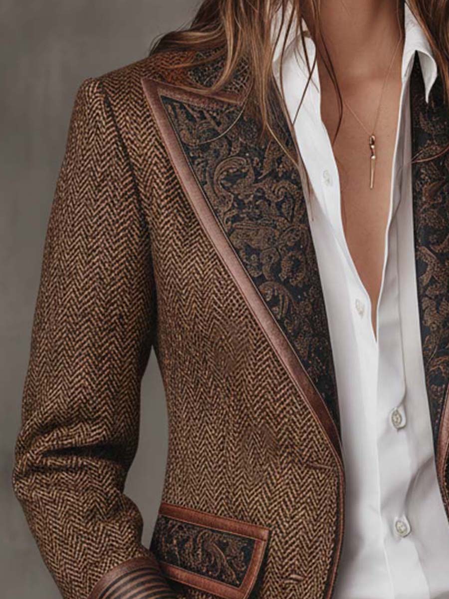 Francisca - Blazer de Espiga con Detalles Estampados a Contraste