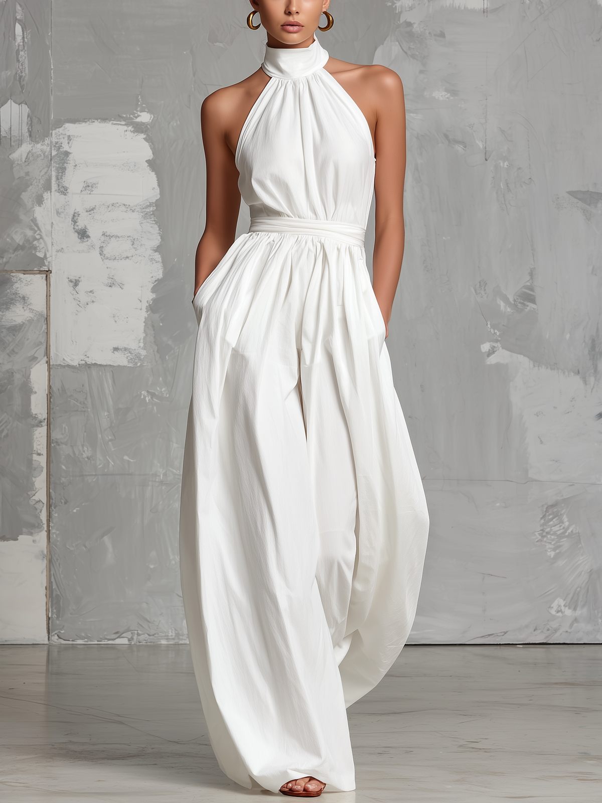 Deria - Mono Elegante sin Mangas con Cuello Halter de Tejido Vaporoso