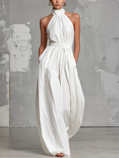 Deria - Mono Elegante sin Mangas con Cuello Halter de Tejido Vaporoso