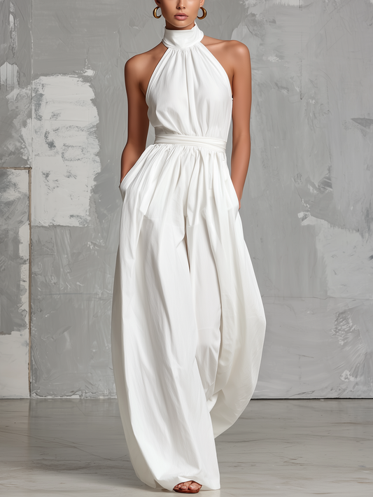 Deria - Mono Elegante sin Mangas con Cuello Halter de Tejido Vaporoso