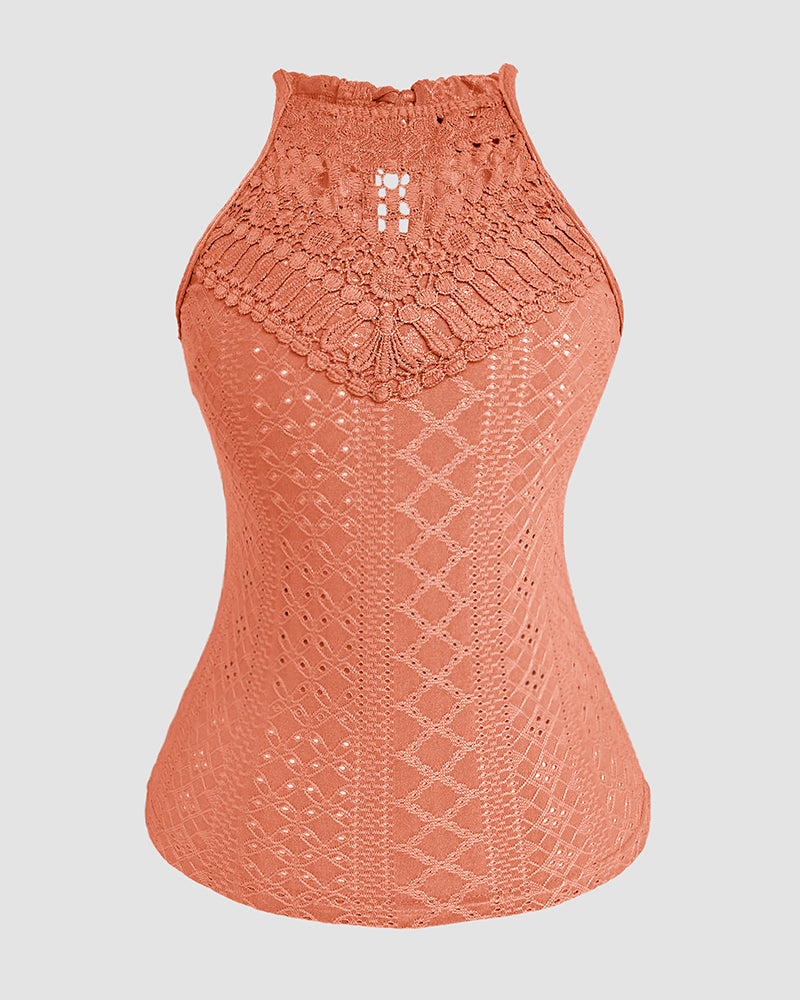 Raquel - Top de Jacquard con Escote Halter y Detalle de Encaje