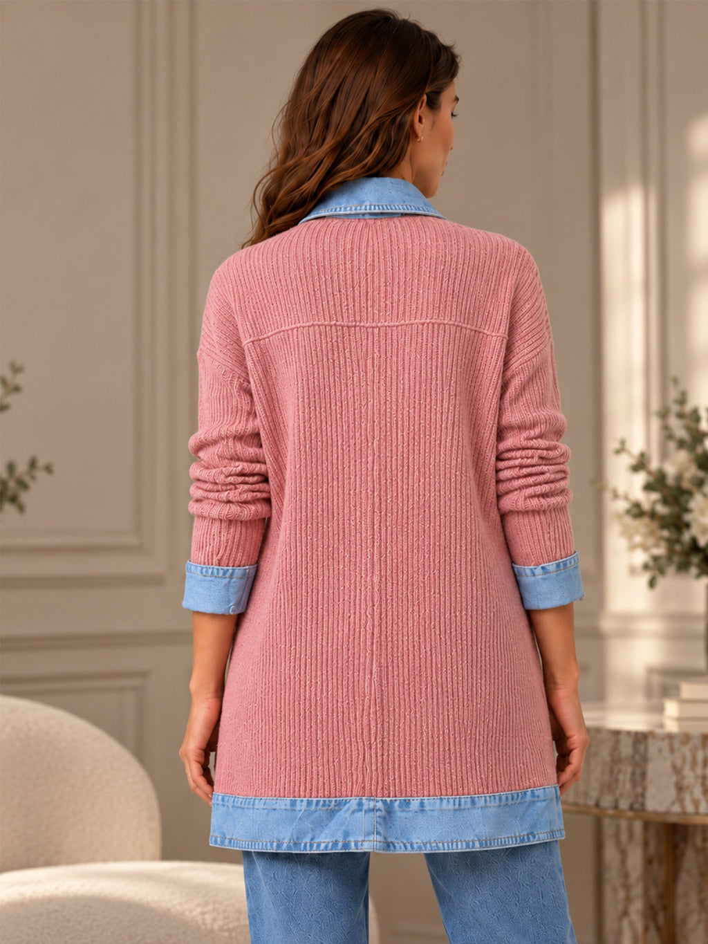 Celia - Chaqueta Larga de Punto con Detalles Vaqueros