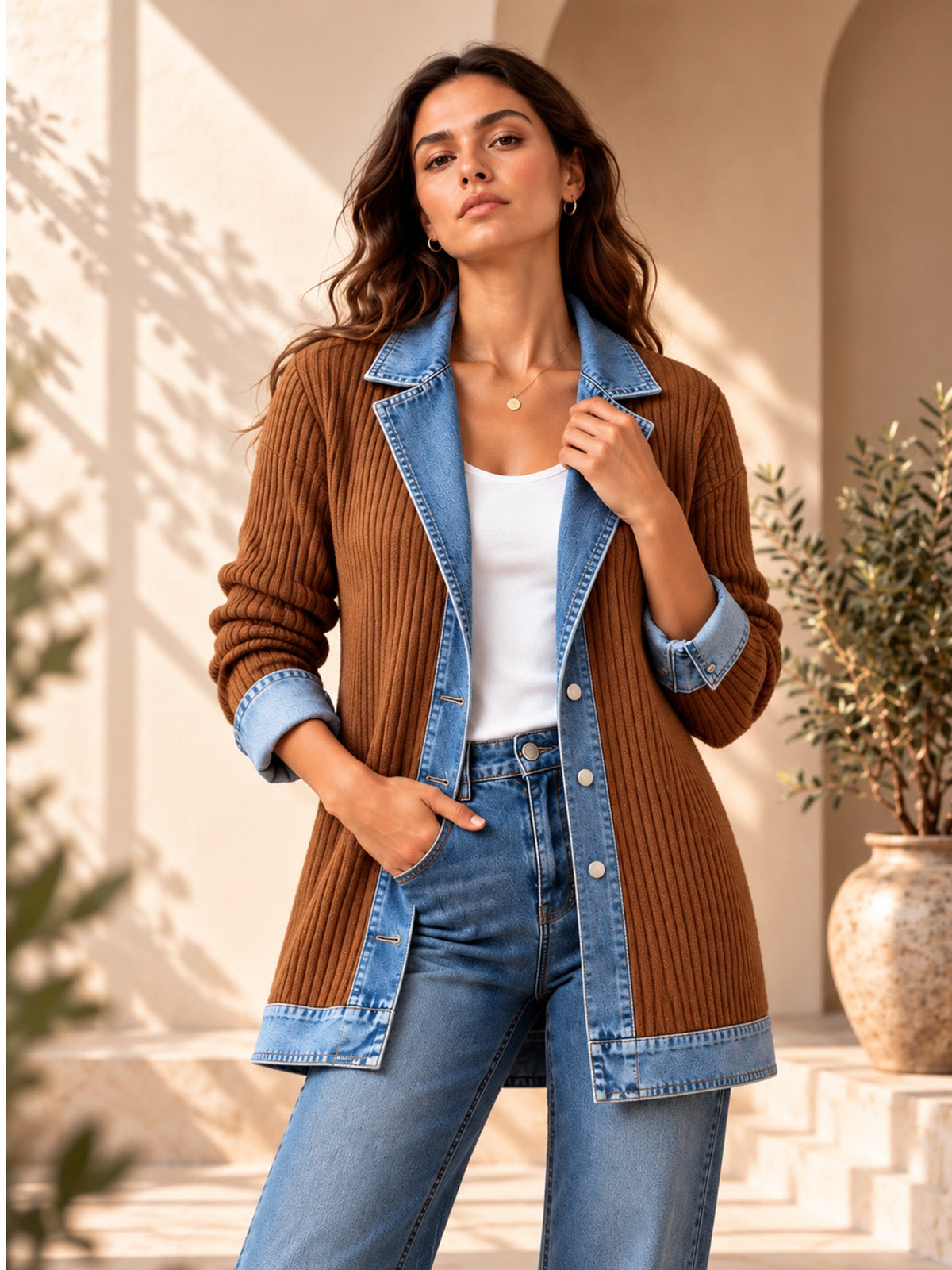 Celia - Chaqueta Larga de Punto con Detalles Vaqueros