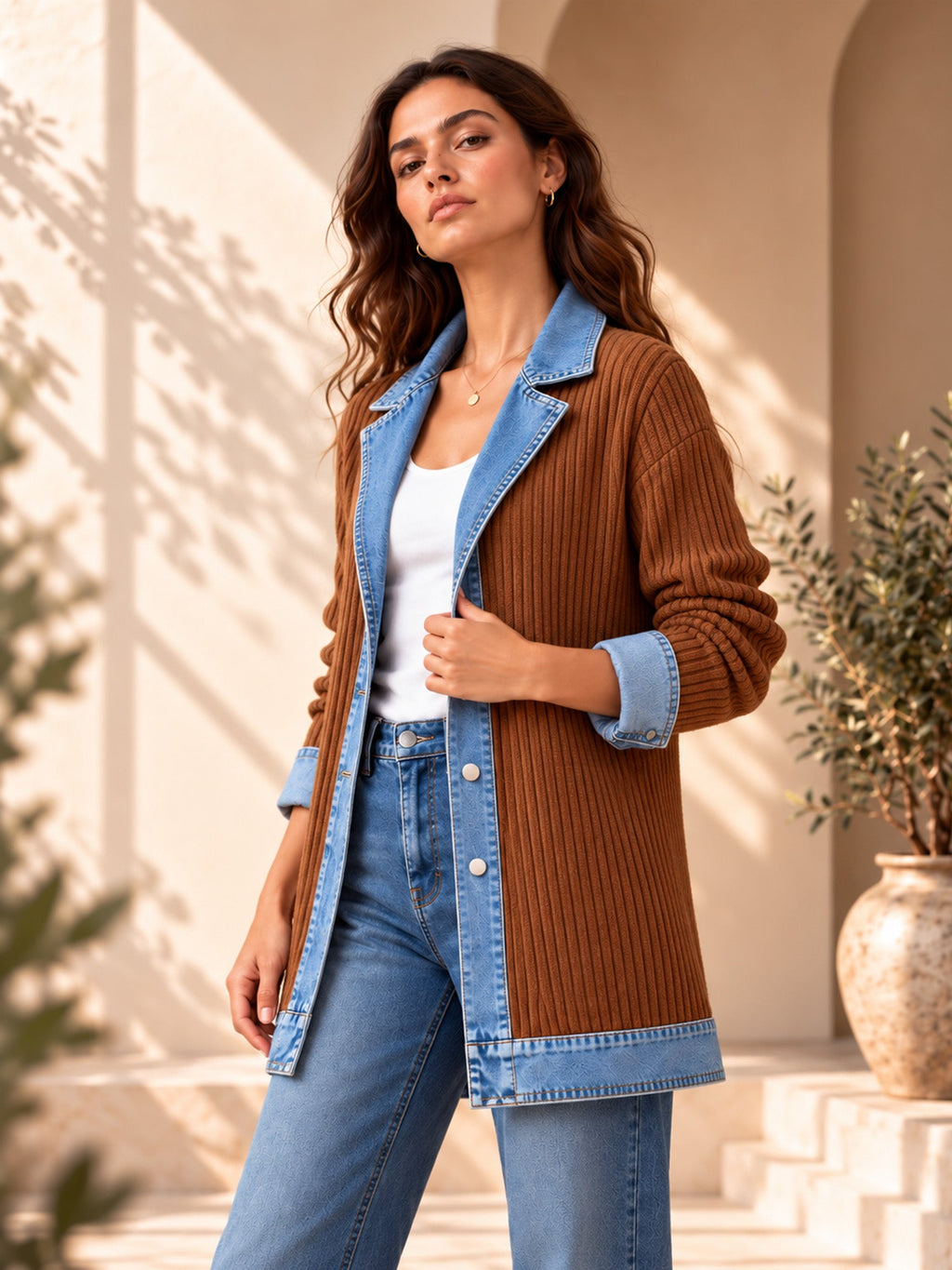 Celia - Chaqueta Larga de Punto con Detalles Vaqueros