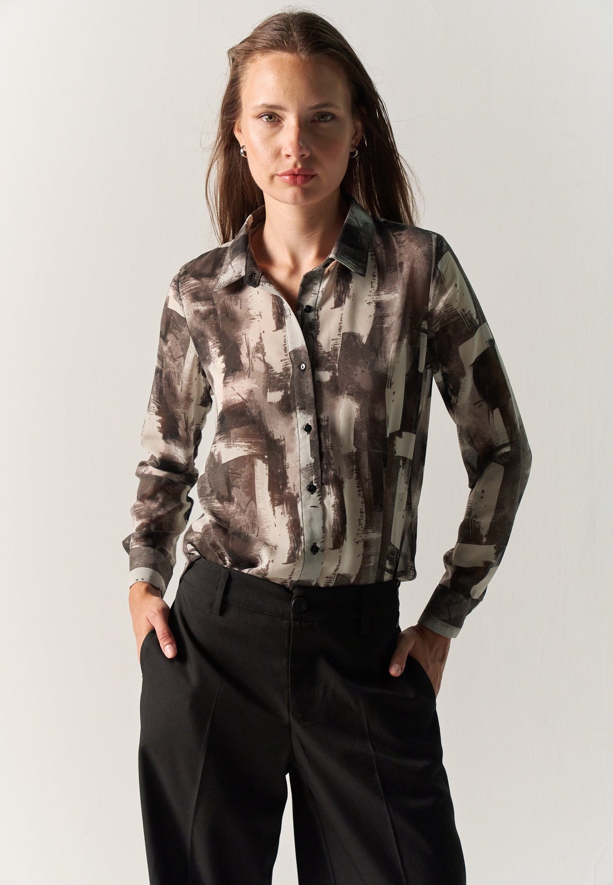 Haridian - Camisa mujer manga larga estampada negra