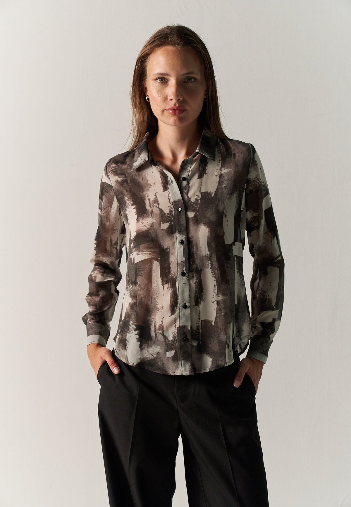 Haridian - Camisa mujer manga larga estampada negra