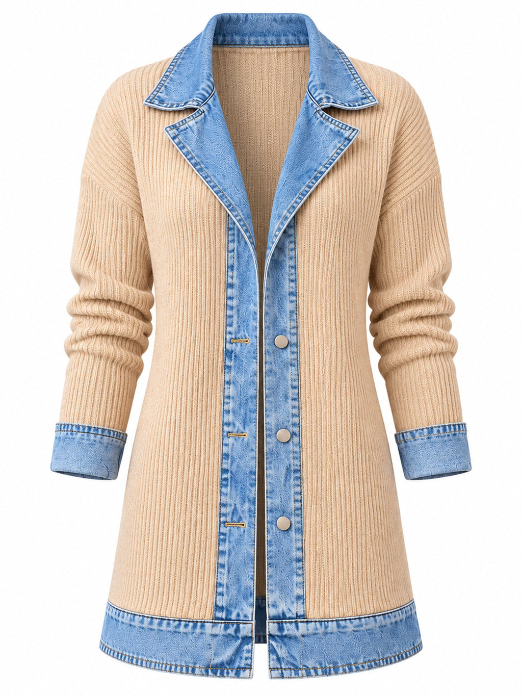 Celia - Chaqueta Larga de Punto con Detalles Vaqueros