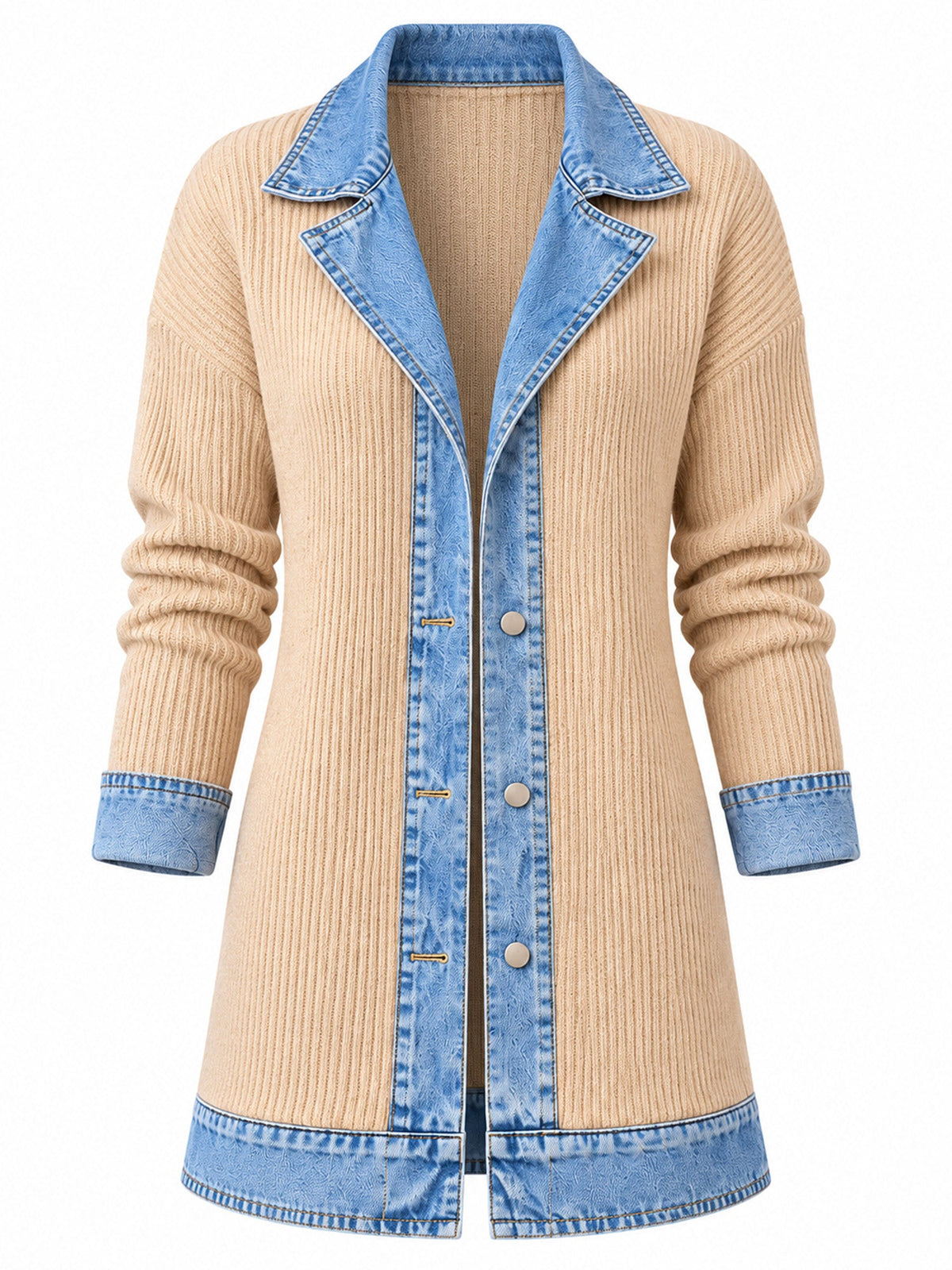 Celia - Chaqueta Larga de Punto con Detalles Vaqueros