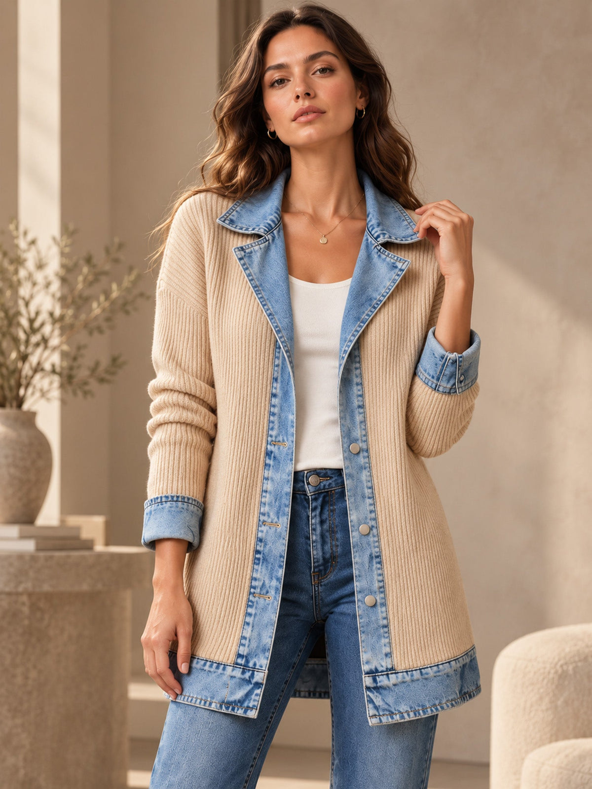 Celia - Chaqueta Larga de Punto con Detalles Vaqueros
