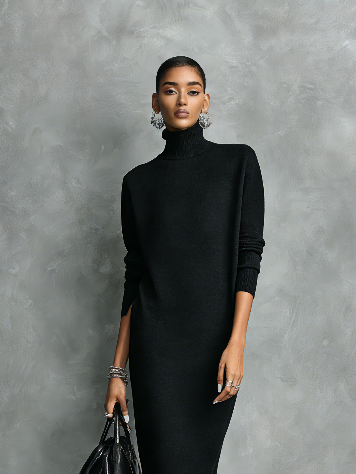 Alexandra - Vestido Midi de Punto con Cuello Alto y Manga Larga