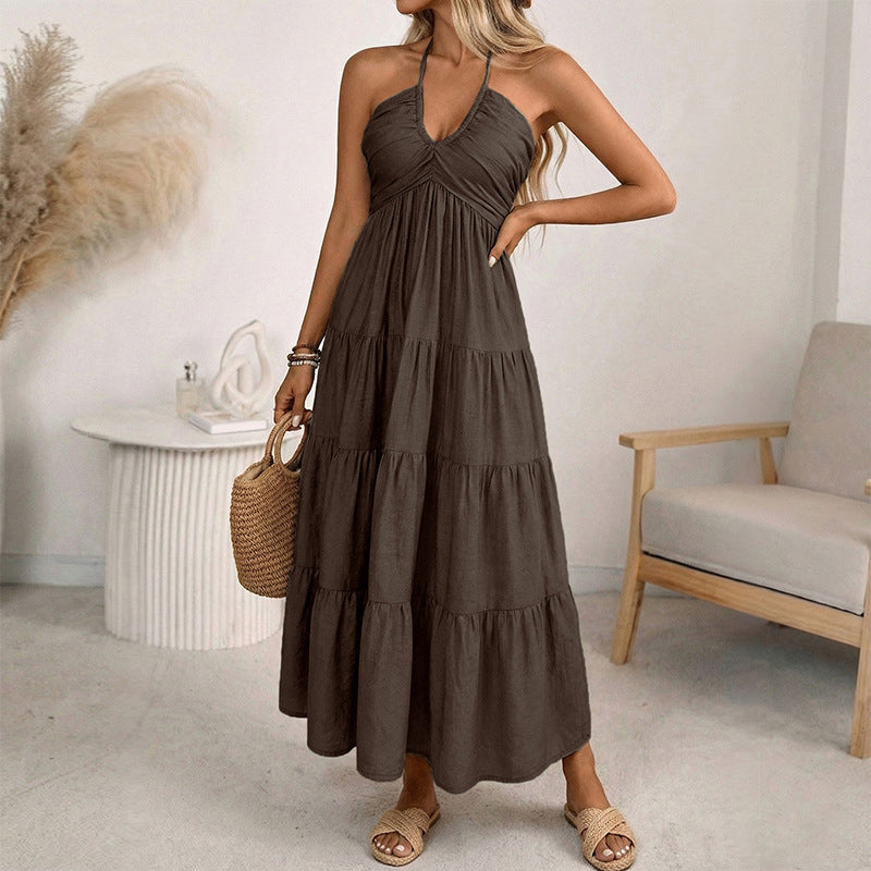 Lola -  Vestido largo con volantes, espalda descubierta y cuello halter