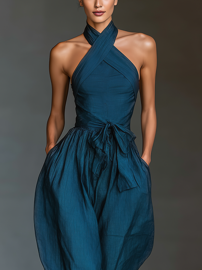 Mia - Mono de Lino Azul Marino con Cuello Halter Cruzado, Pierna Ancha y Nudo en la Cintura