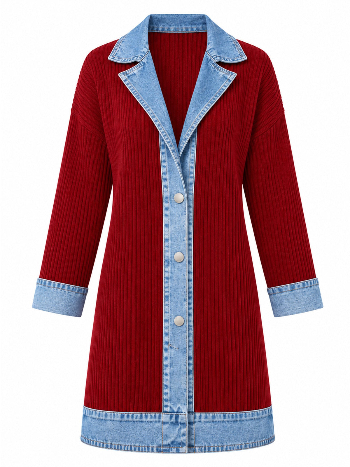 Celia - Chaqueta Larga de Punto con Detalles Vaqueros