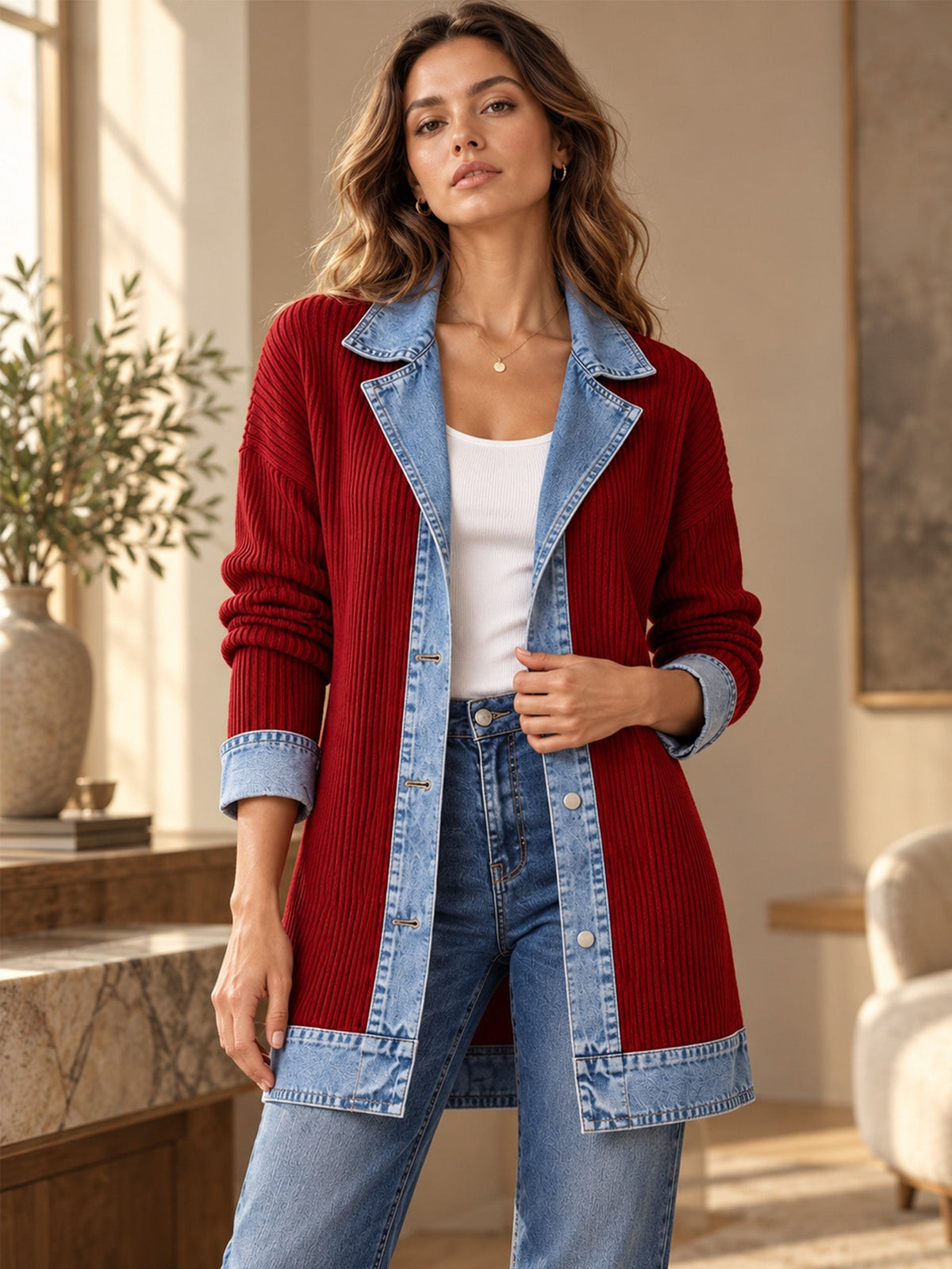 Celia - Chaqueta Larga de Punto con Detalles Vaqueros