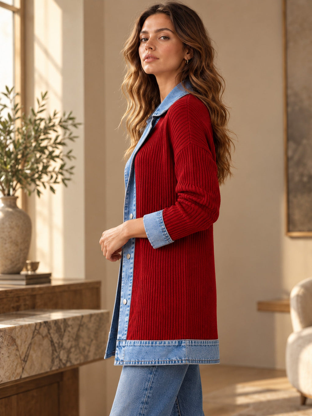 Celia - Chaqueta Larga de Punto con Detalles Vaqueros