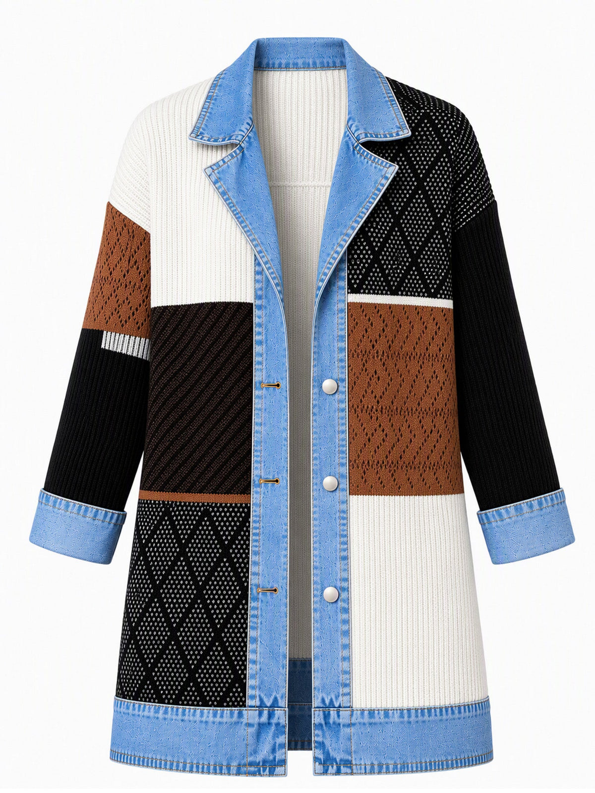 Celia - Chaqueta Larga de Punto con Detalles Vaqueros