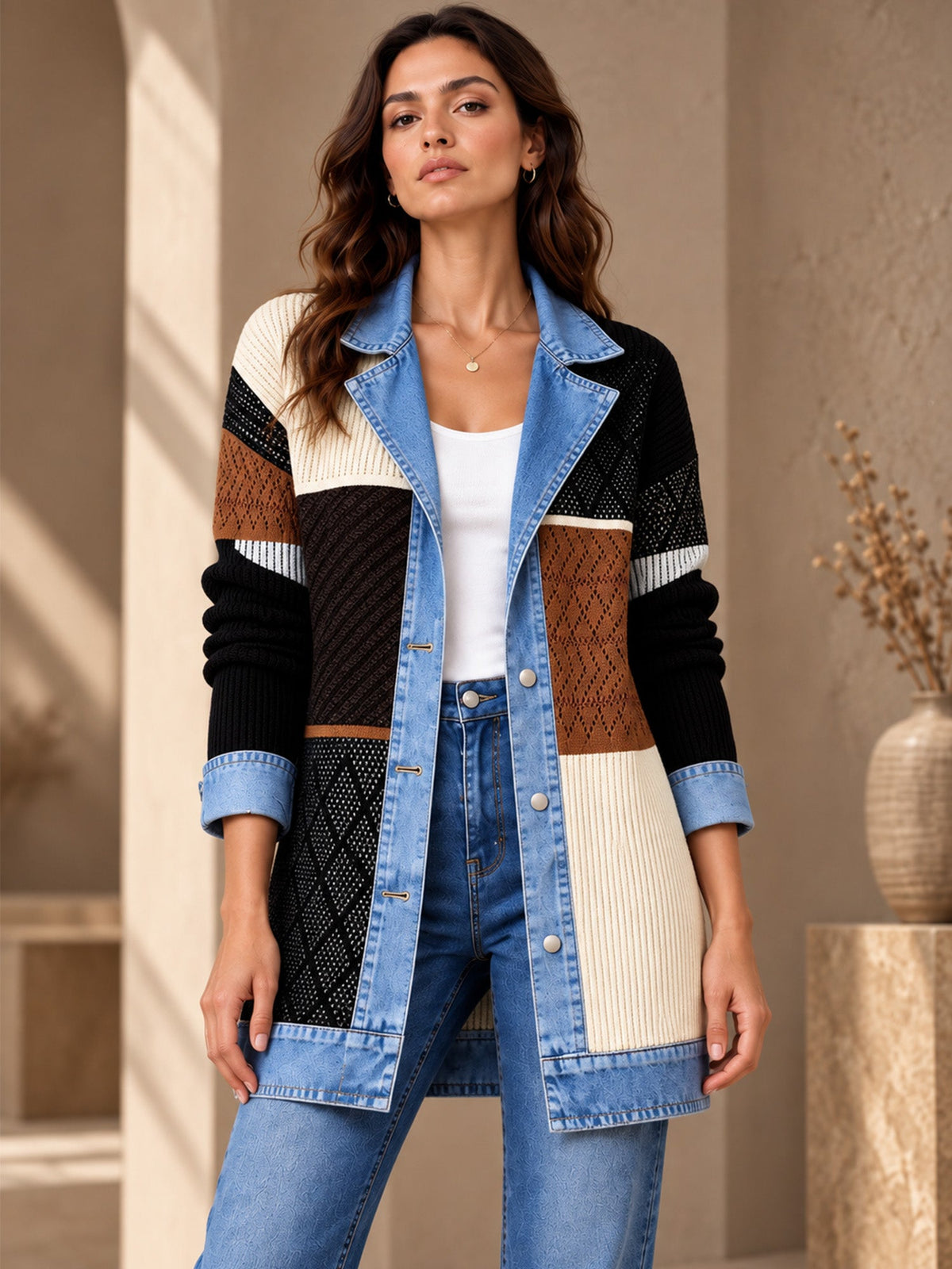 Celia - Chaqueta Larga de Punto con Detalles Vaqueros