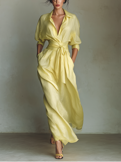 Sol - Vestido Maxi Camisero de Mezcla de Algodón y Lino con Nudo en la Cintura y Manga Corta